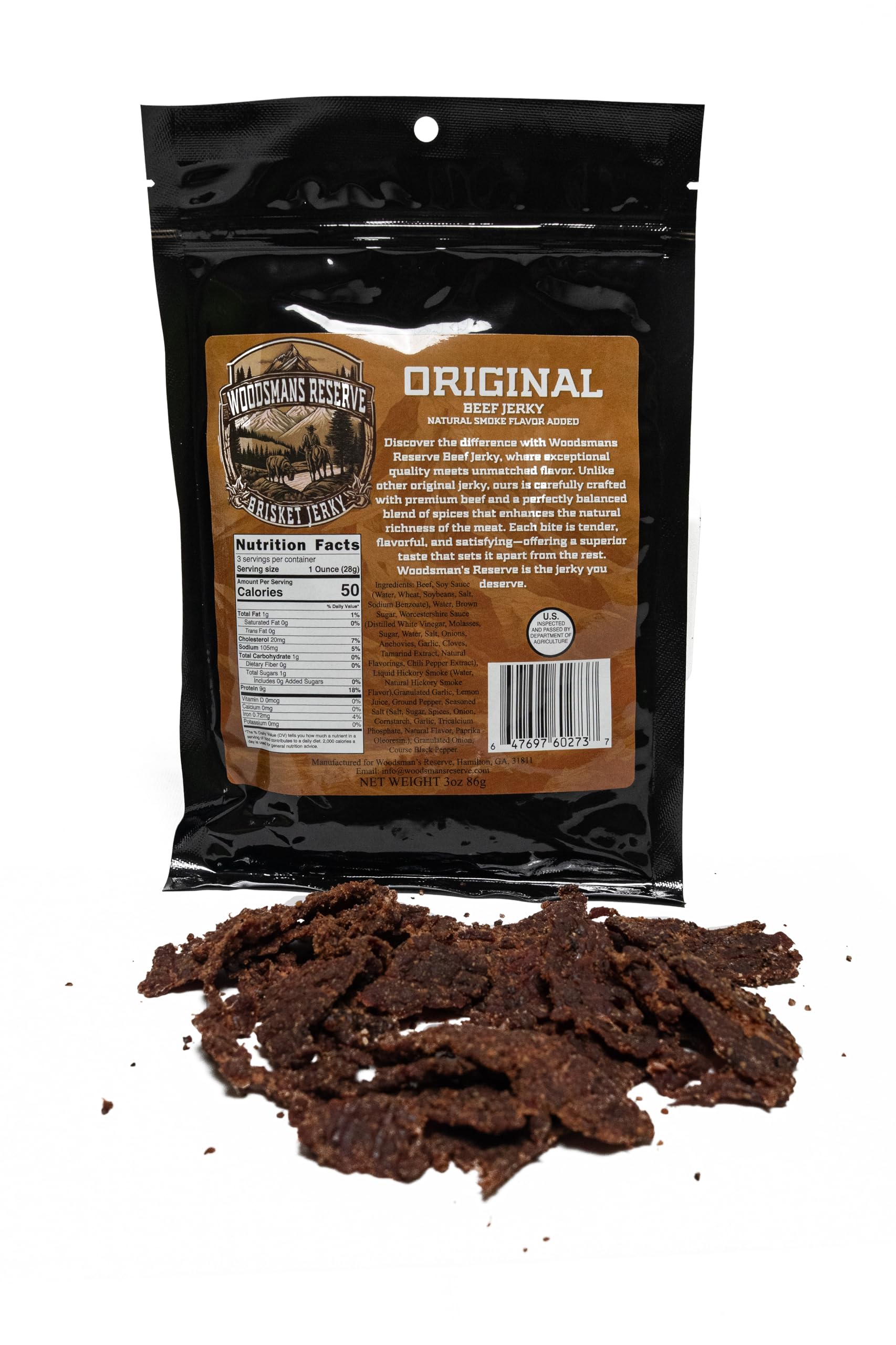 Woodsman's Reserve Original recipe brisket beef jerky.