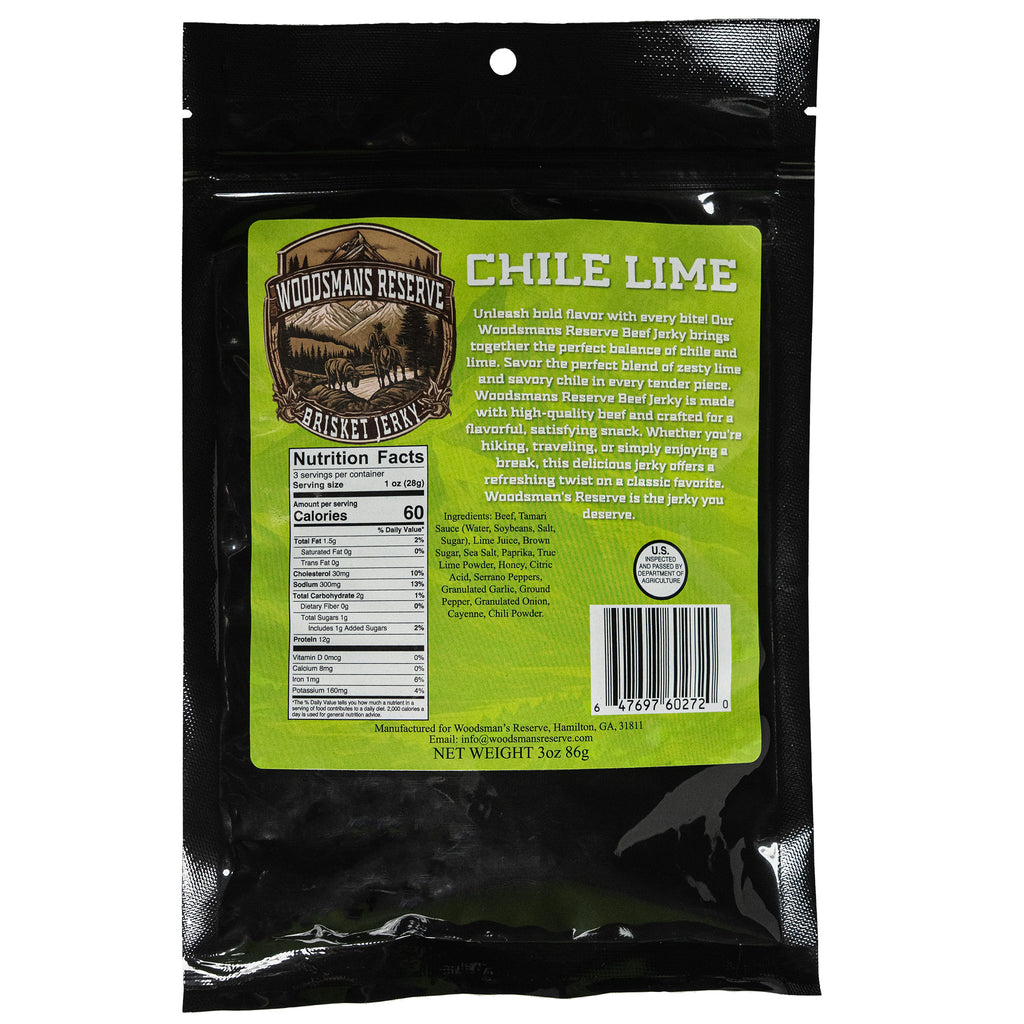 Woodsman's Reserve Chile lime brisket beef jerky.