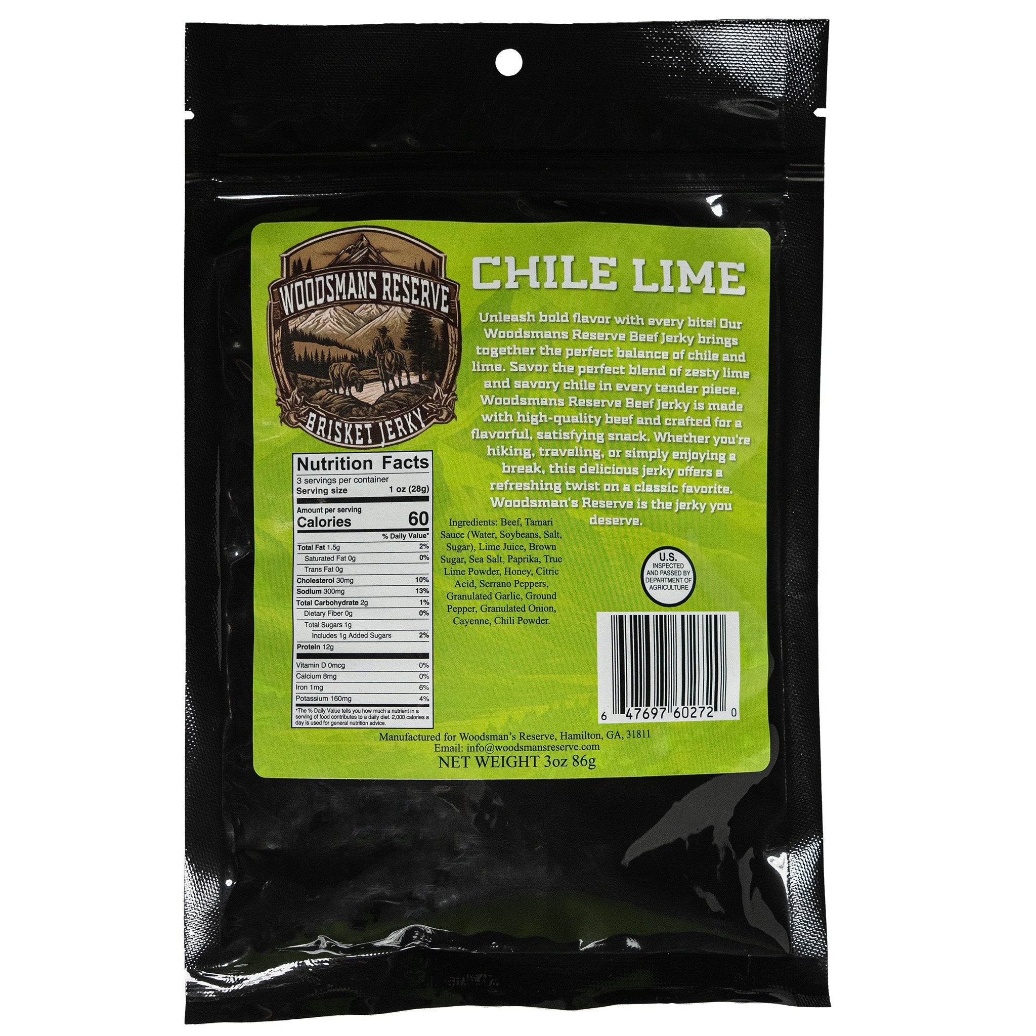 Woodsman's Reserve Chile lime brisket beef jerky.