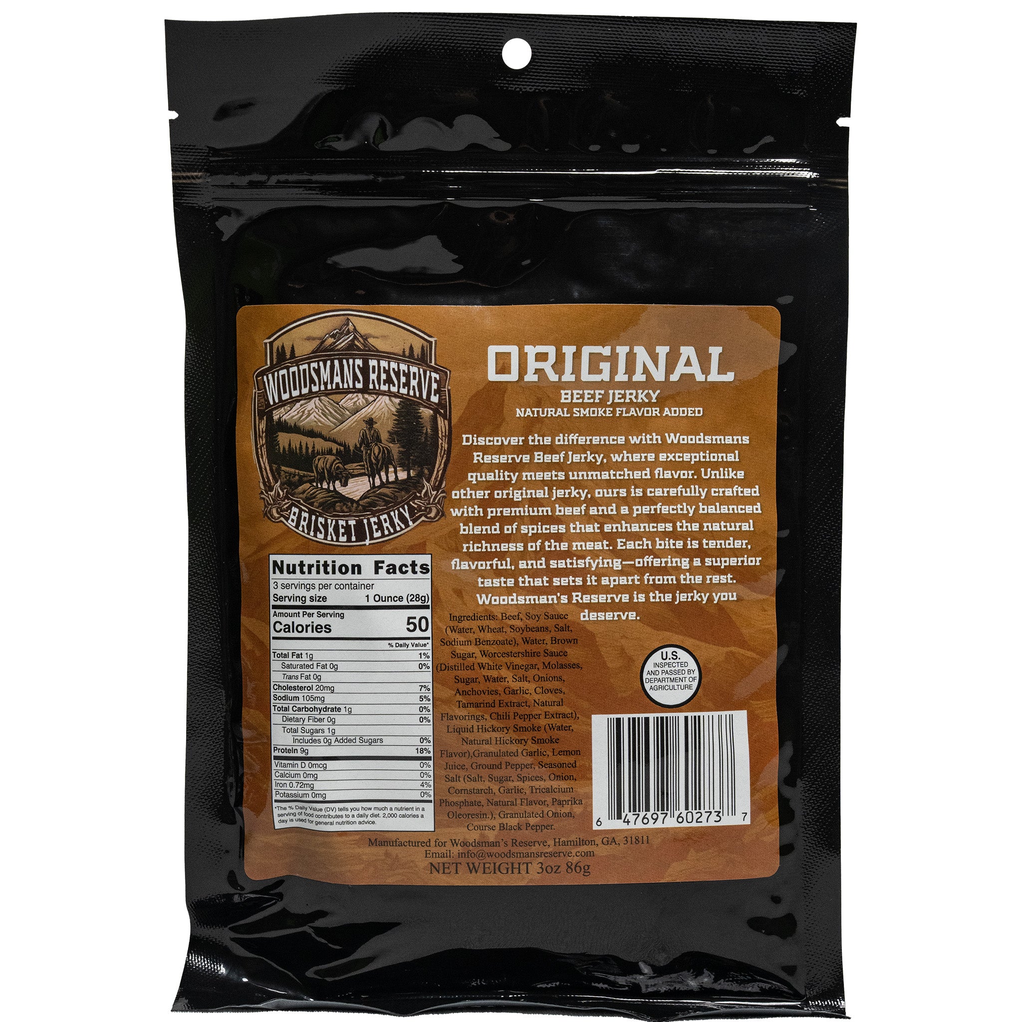 Woodsman's Reserve Original recipe brisket beef jerky.