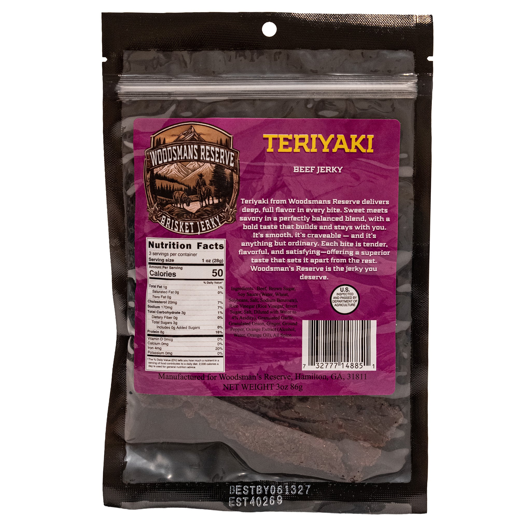 Woodsman's Reserve Teriyaki brisket jerky