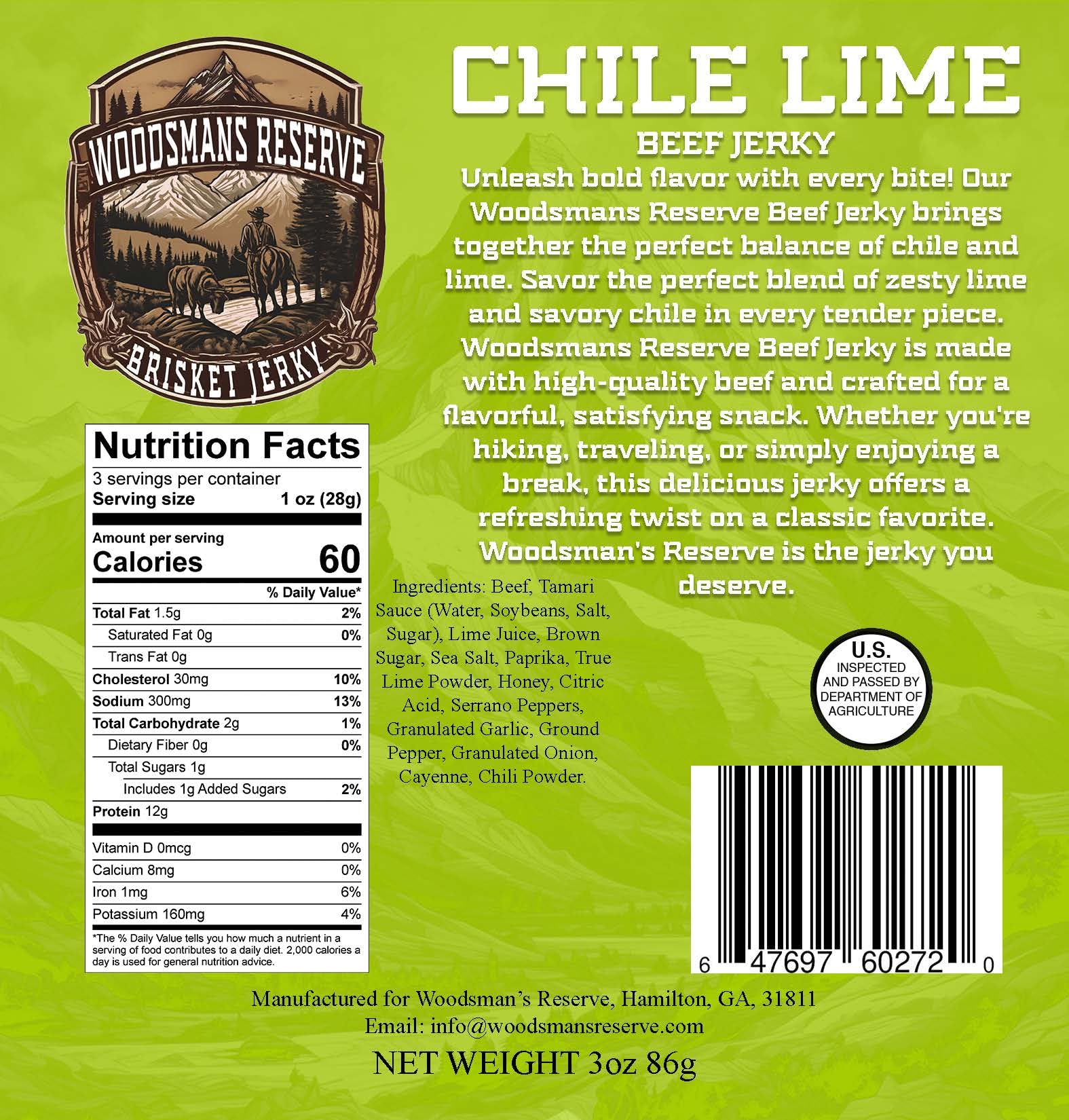 Woodsman's Reserve Chile lime brisket beef jerky.